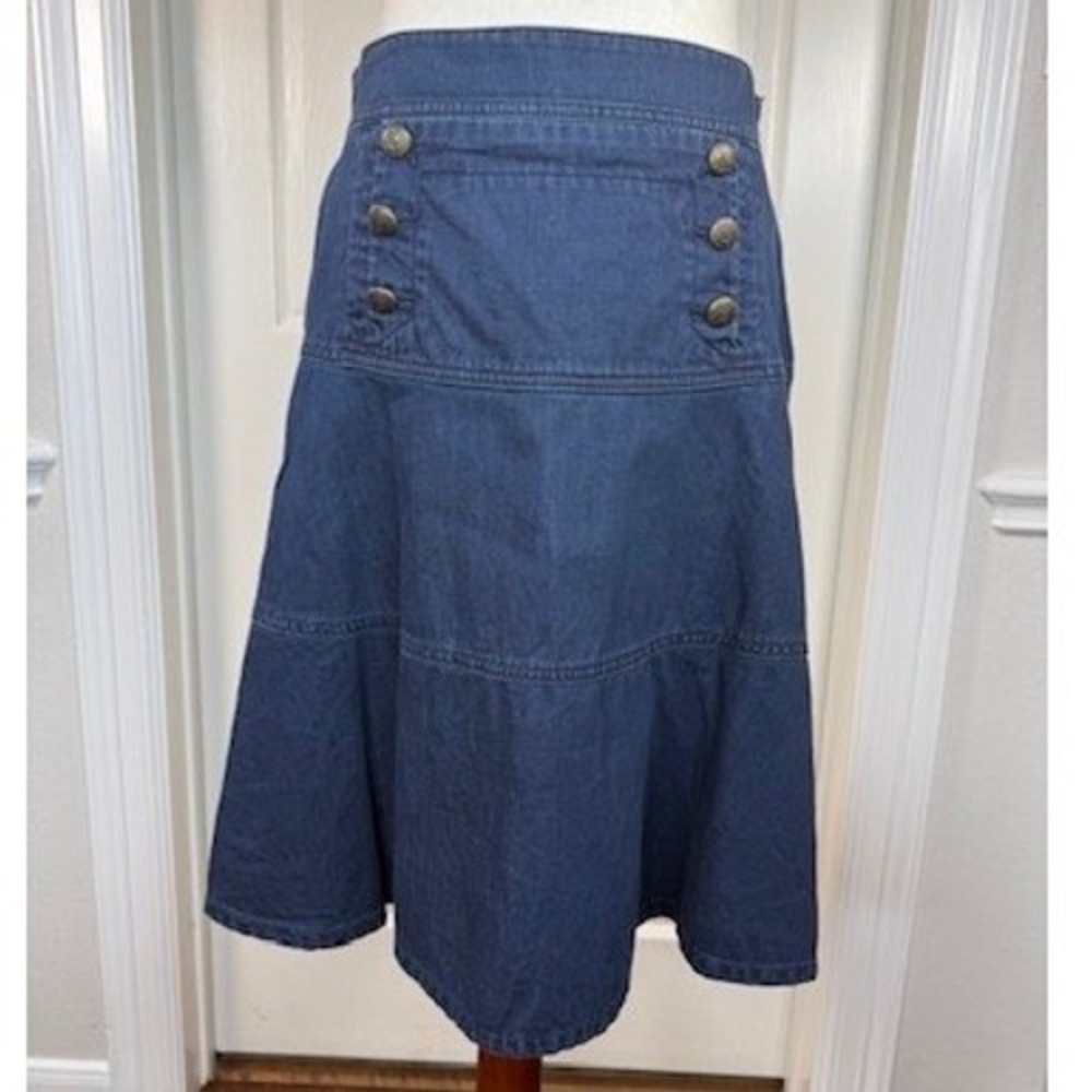 Polo Ralph Lauren Indigo Denim Nautical Crest Button Tiered Midi Skirt 10
